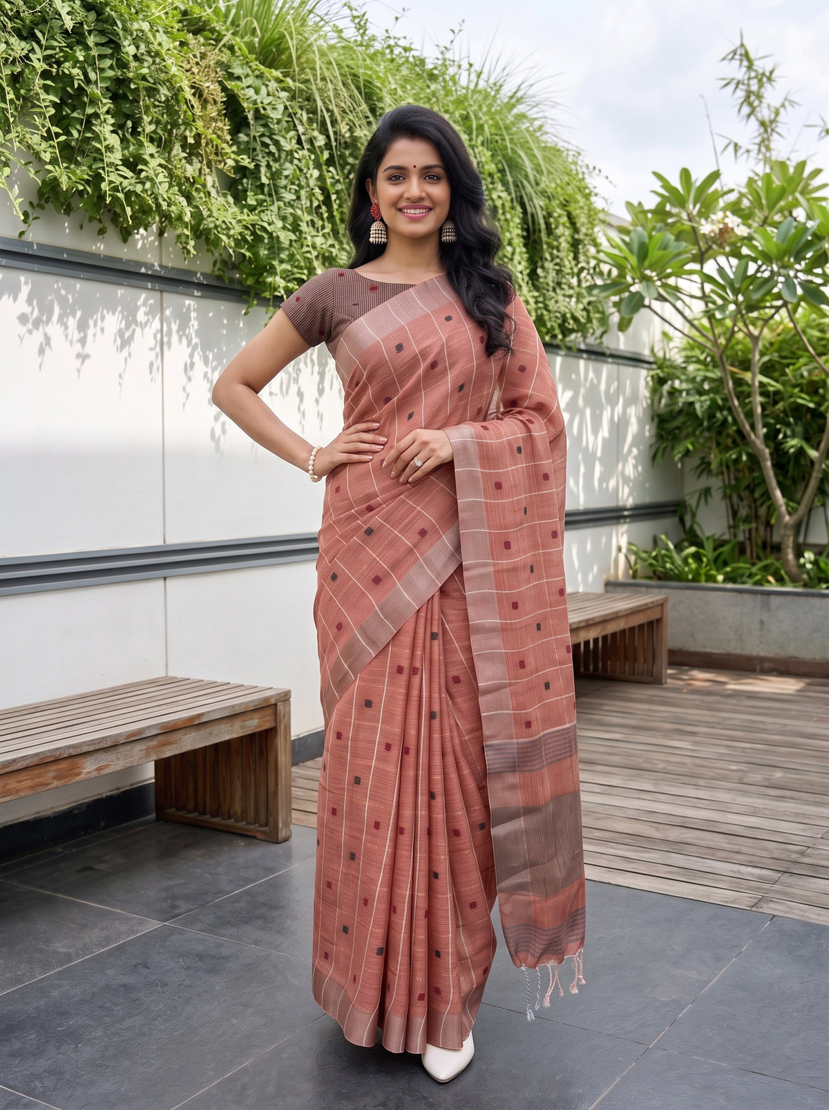 MIMOSA Orange Banarasi Cotton Saree — pose 4 styling detail