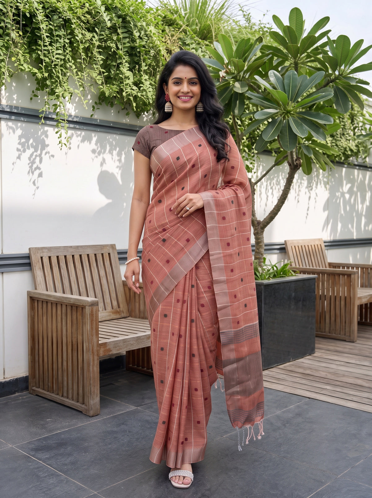 MIMOSA Orange Banarasi Cotton Saree — pose 6 styling detail