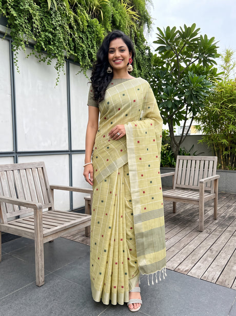 MIMOSA Pista Banarasi Cotton Saree — AI Model lifestyle pose