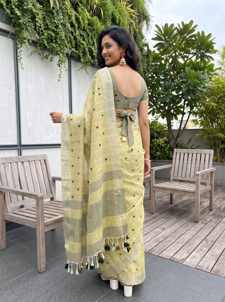 MIMOSA Pista Banarasi Cotton Saree — Saree shot pallu and body