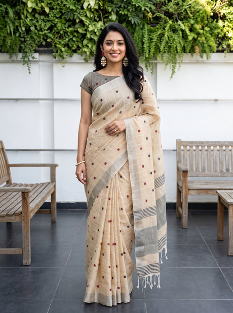 MIMOSA Tussar Banarasi Cotton Saree — AI Model lifestyle pose