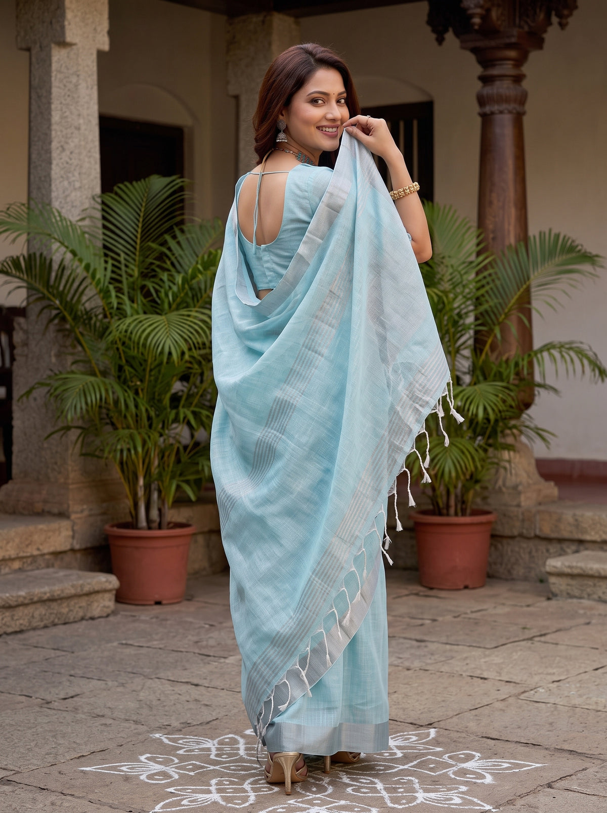 MIMOSA Blue Banarasi Cotton Saree — pose 10 styling detail
