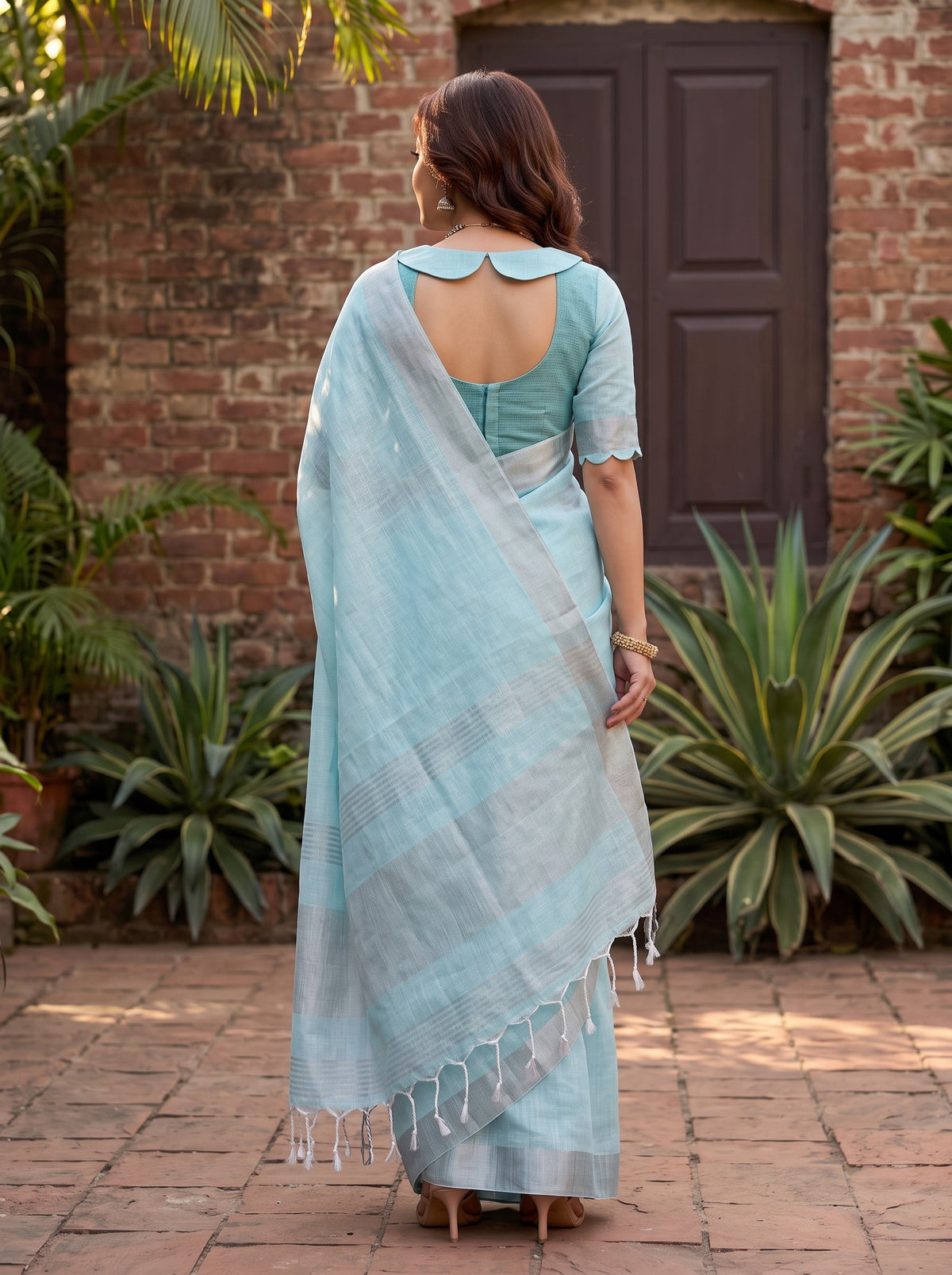 MIMOSA Blue Banarasi Cotton Saree — Pallu and body detail
