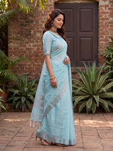 MIMOSA Blue Banarasi Cotton Saree — pose 3 styling detail