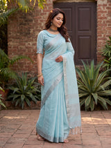 MIMOSA Blue Banarasi Cotton Saree — pose 5 styling detail