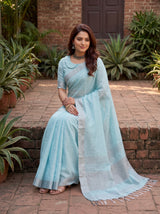 MIMOSA Blue Banarasi Cotton Saree — pose 8 styling detail
