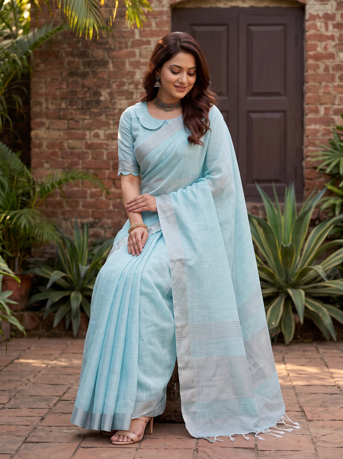 MIMOSA Blue Banarasi Cotton Saree — pose 9 styling detail