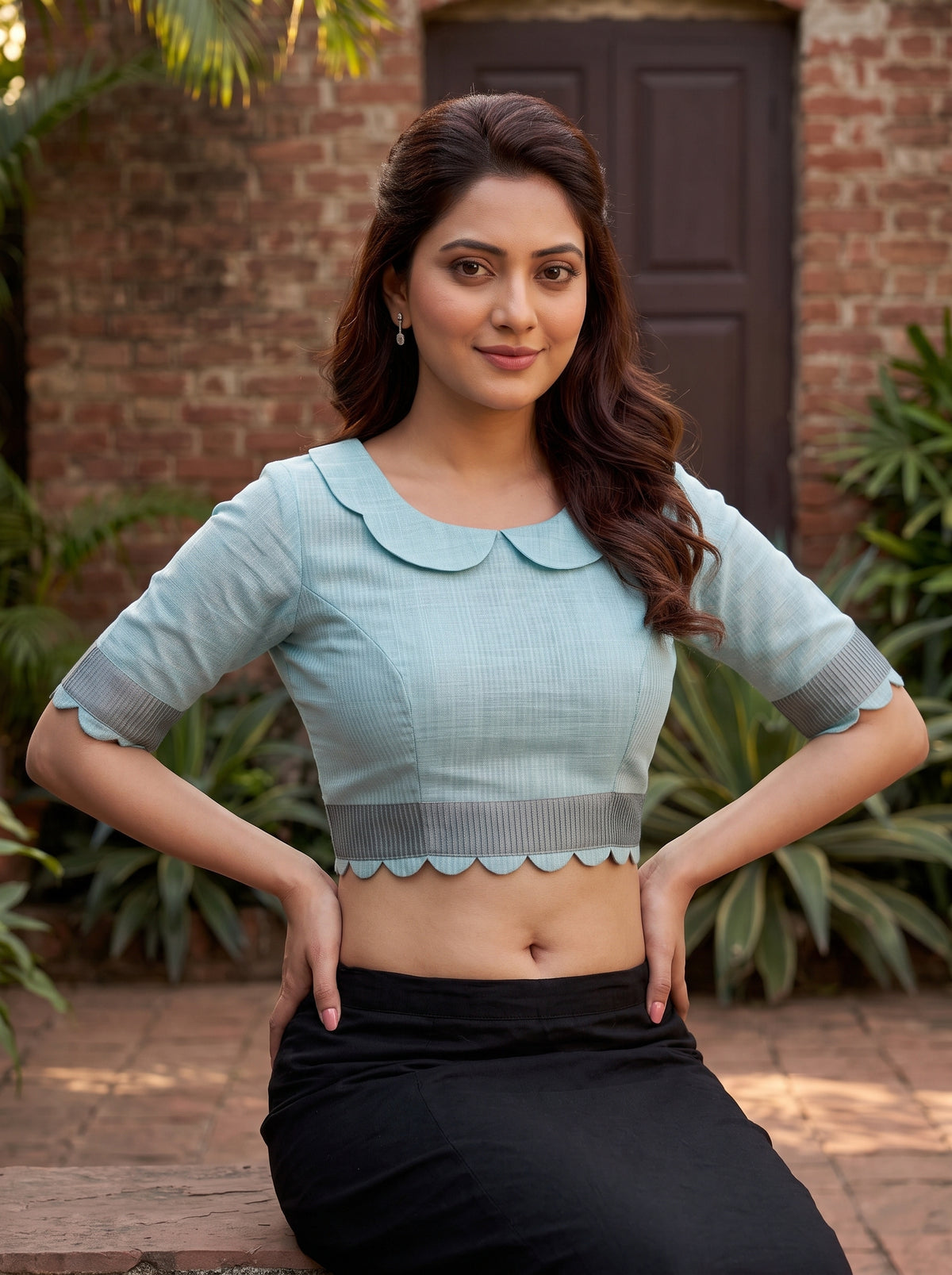 MIMOSA Blue Banarasi Cotton Saree — blouse close-up