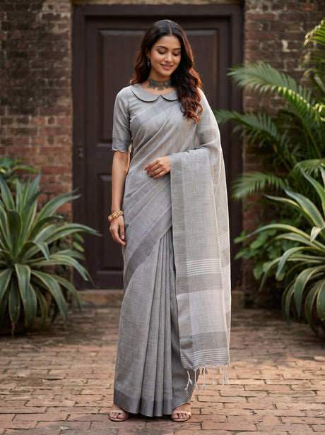 MIMOSA Grey Banarasi Cotton Saree — AI model pose