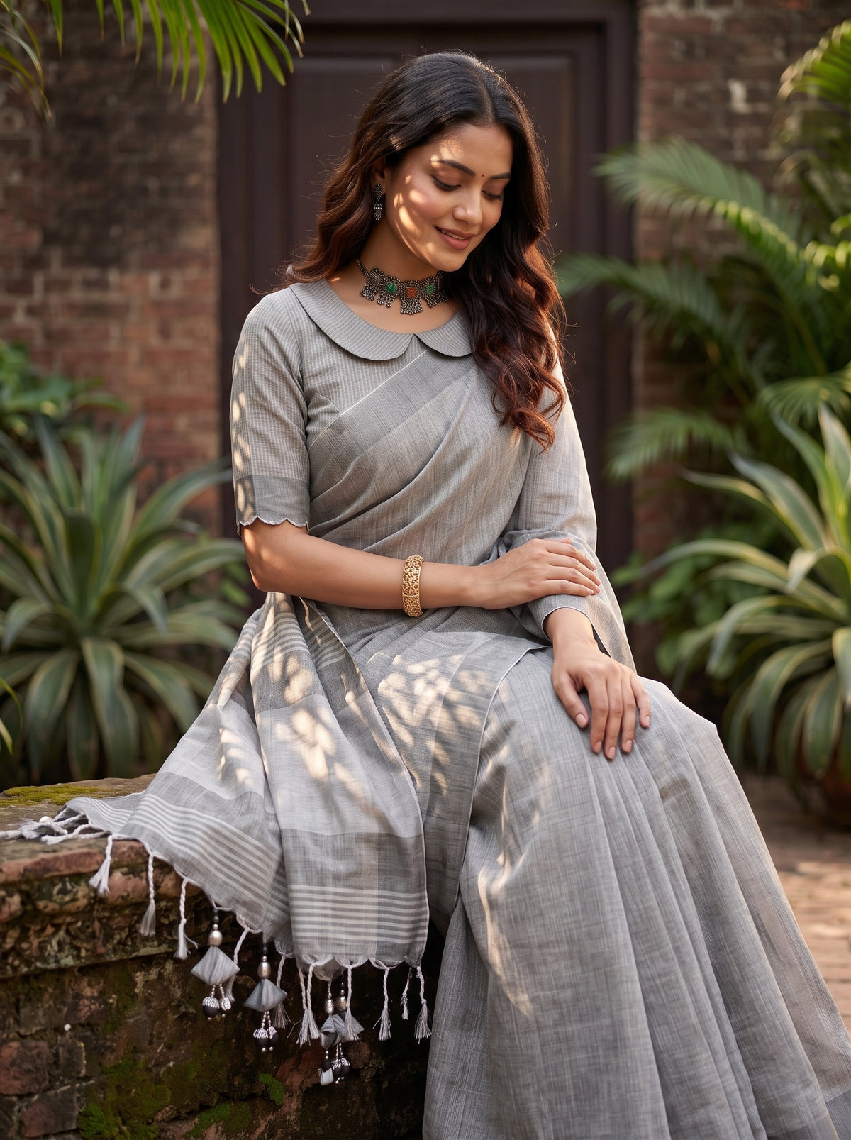 MIMOSA Grey Banarasi Cotton Saree — pose 10 styling detail