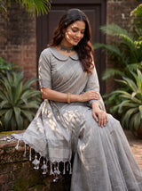 MIMOSA Grey Banarasi Cotton Saree — pose 10 styling detail