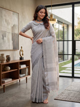 MIMOSA Grey Banarasi Cotton Saree — pose 4 styling detail