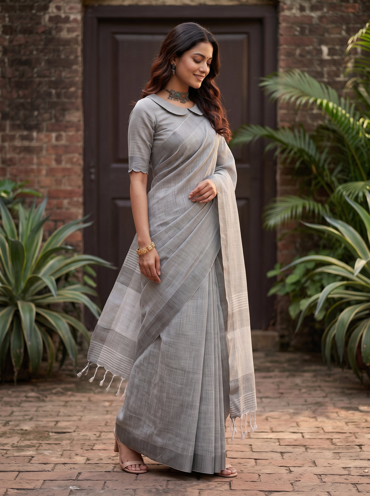 MIMOSA Grey Banarasi Cotton Saree — pose 5 styling detail