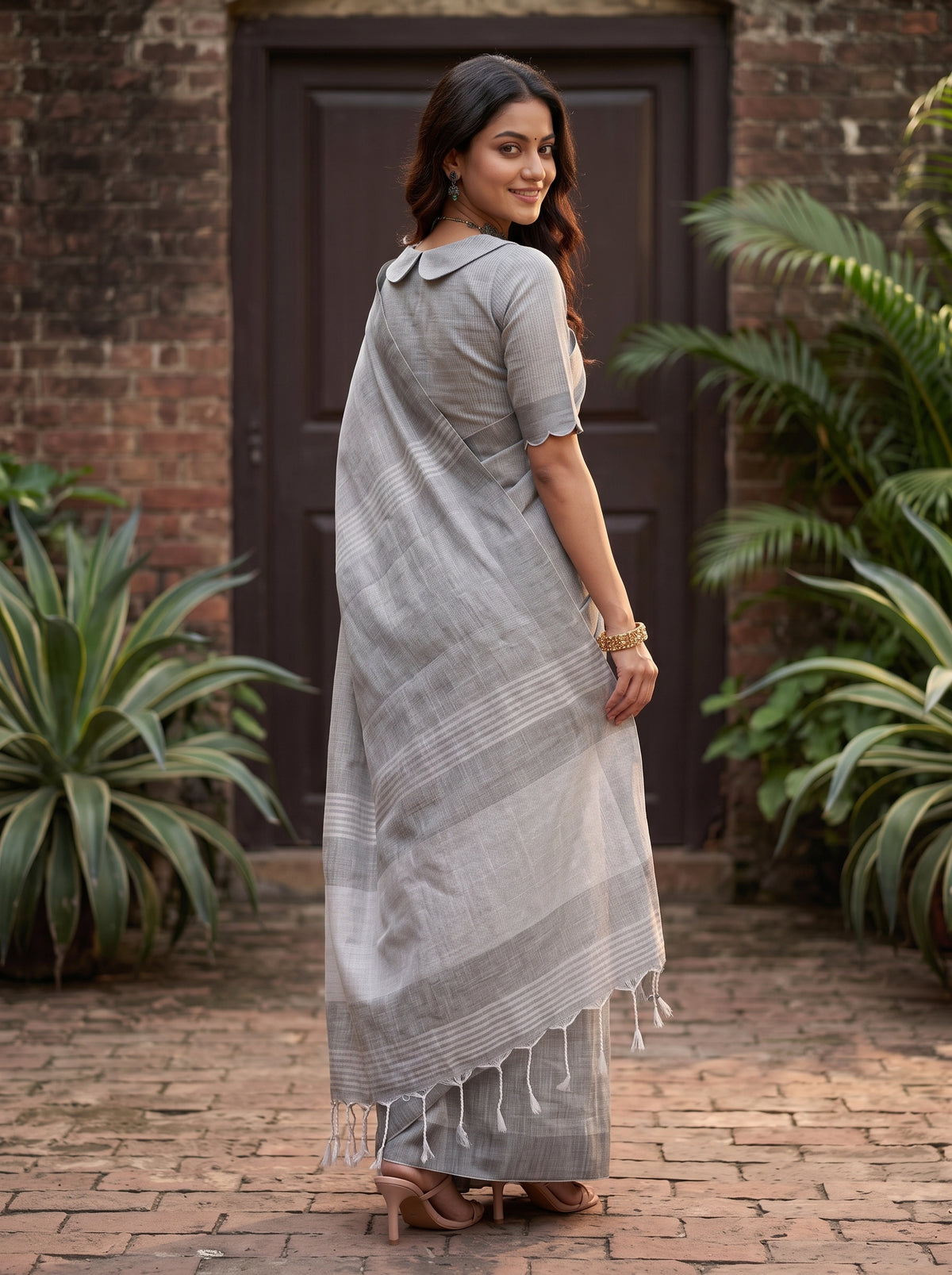 MIMOSA Grey Banarasi Cotton Saree — pose 7 styling detail