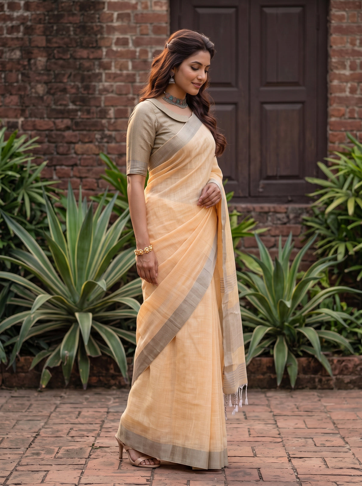 MIMOSA Orange Banarasi Cotton Saree — pose 3 styling detail