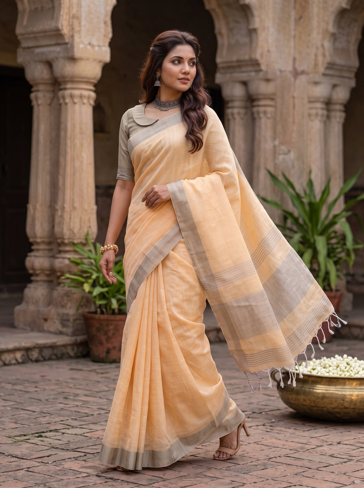 MIMOSA Orange Banarasi Cotton Saree — pose 5 styling detail