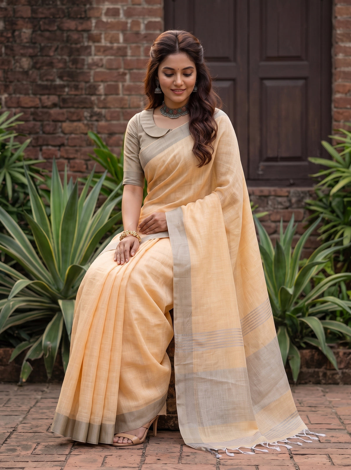 MIMOSA Orange Banarasi Cotton Saree — pose 8 styling detail