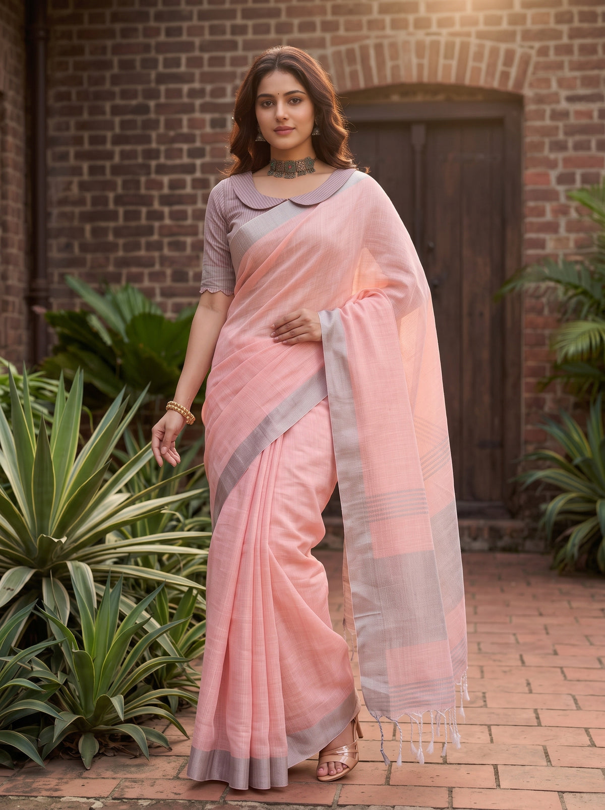 MIMOSA Peach Banarasi Cotton Saree — pose 4 styling detail