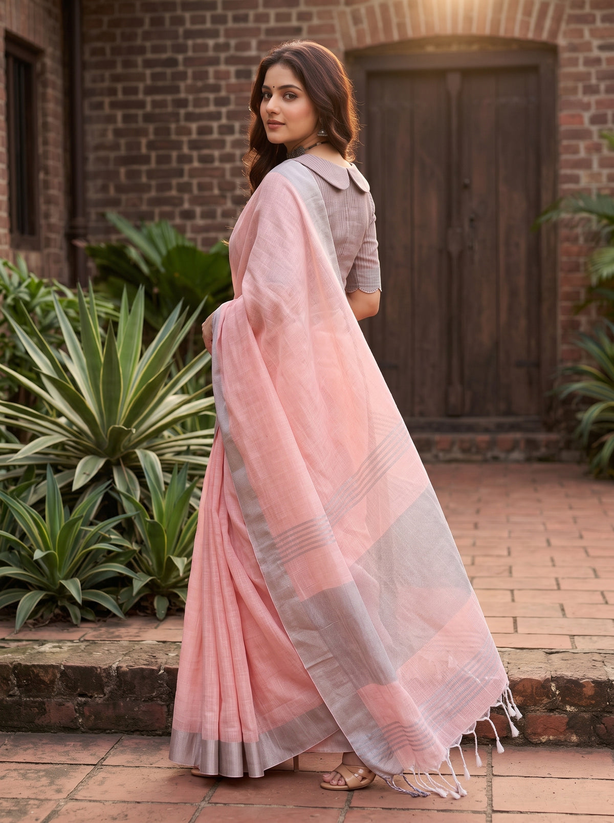 MIMOSA Peach Banarasi Cotton Saree — pose 5 styling detail