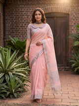 MIMOSA Peach Banarasi Cotton Saree — pose 6 styling detail