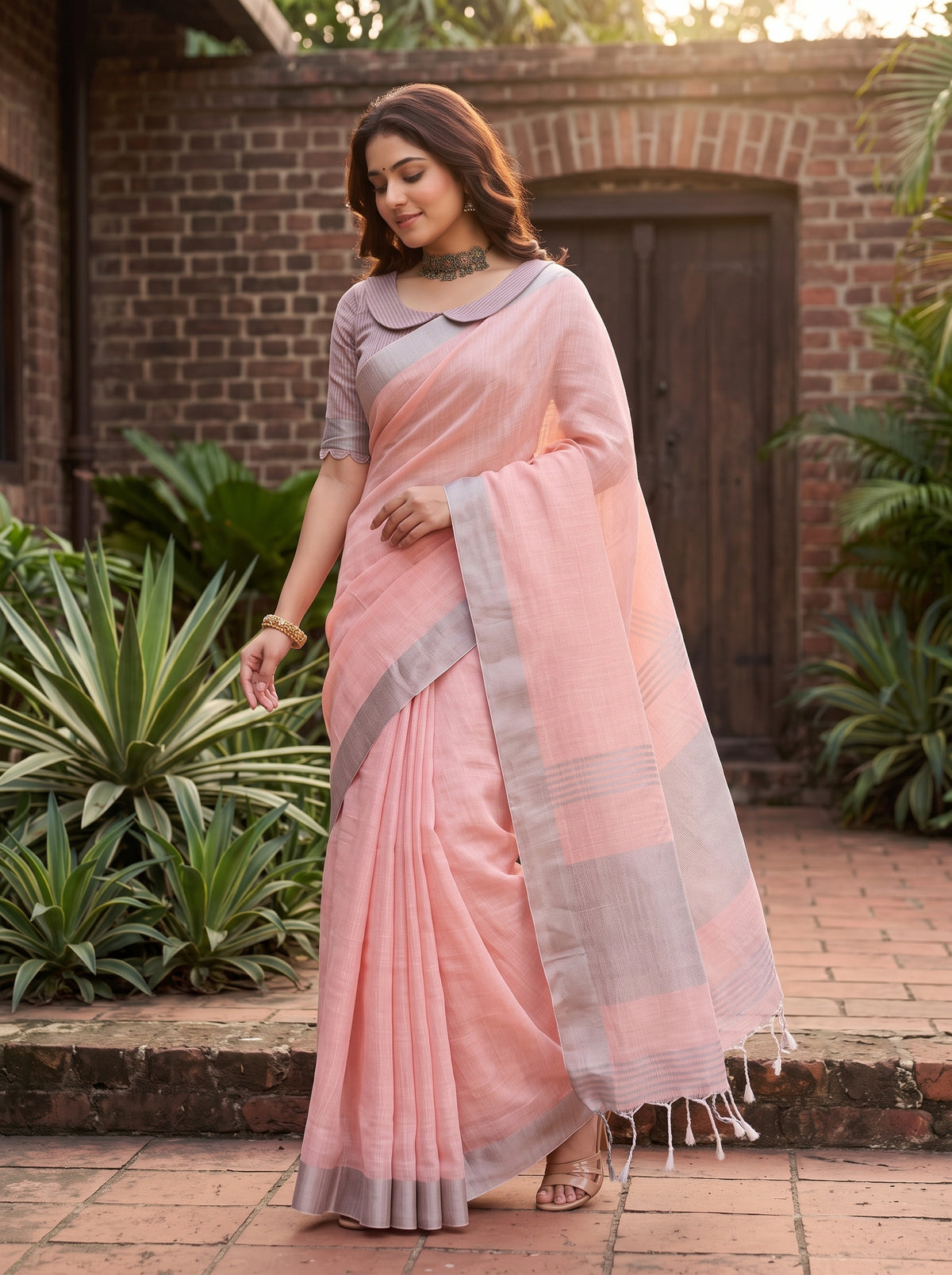 MIMOSA Peach Banarasi Cotton Saree — pose 9 styling detail