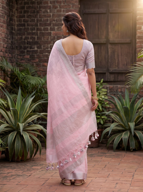 MIMOSA Pink Banarasi Cotton Saree — Pallu and body detail