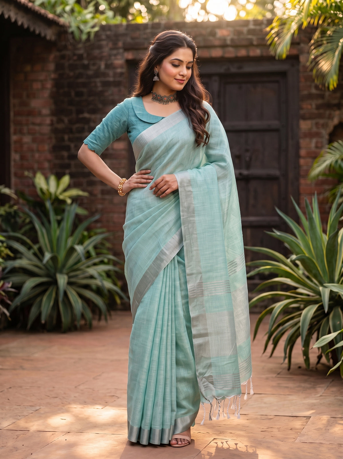 MIMOSA Rama Banarasi Cotton Saree — pose 4 styling detail
