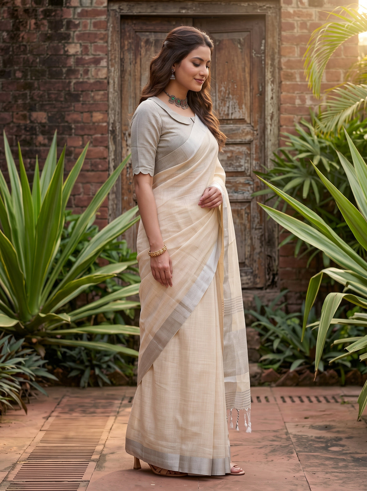 MIMOSA Tussar Banarasi Cotton Saree — pose 3 styling detail