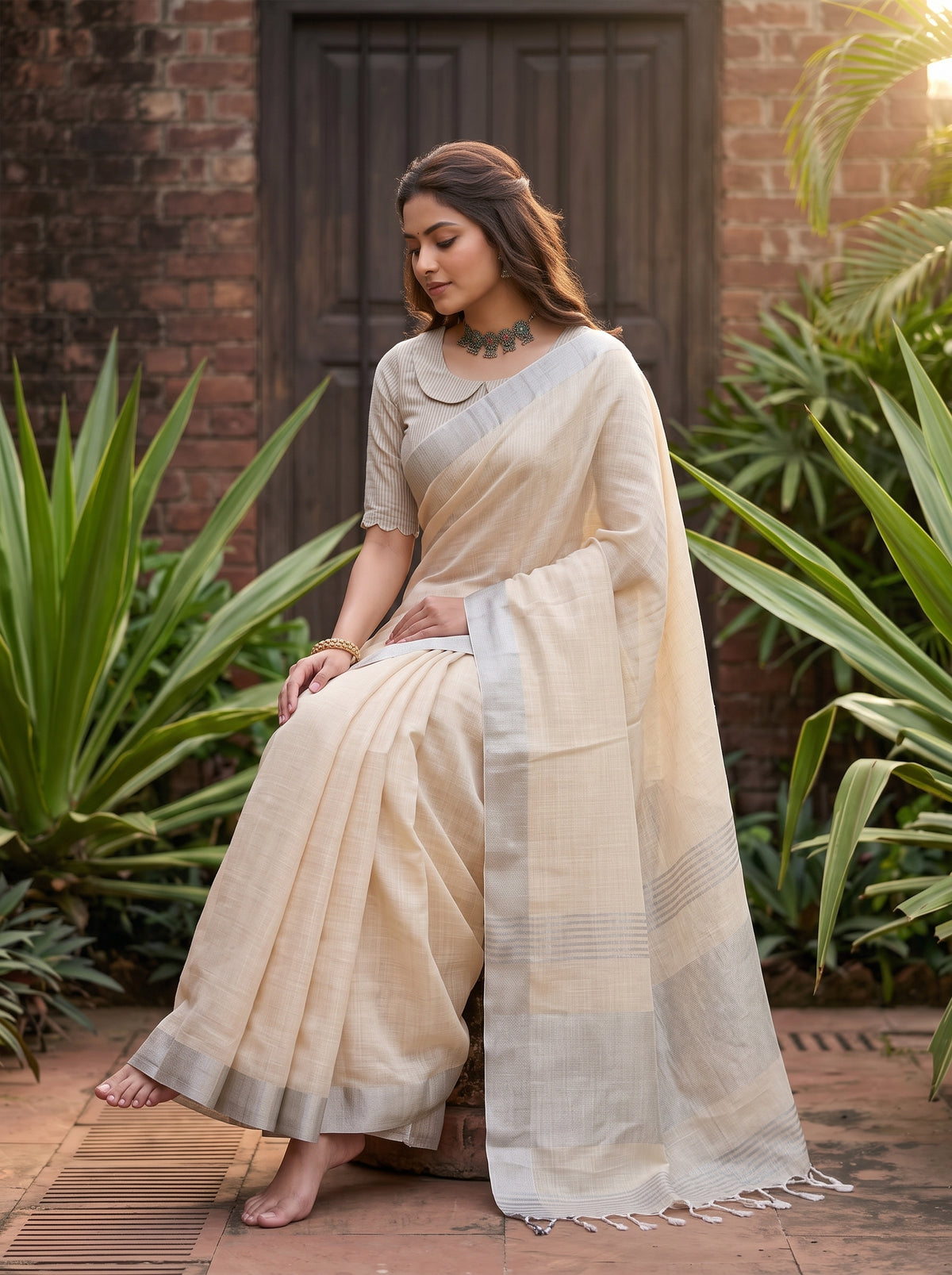 MIMOSA Tussar Banarasi Cotton Saree — pose 9 styling detail