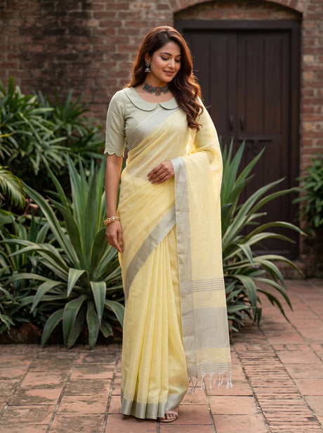 MIMOSA Yellow Banarasi Cotton Saree — AI model pose