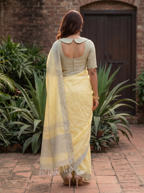 MIMOSA Yellow Banarasi Cotton Saree — Pallu and body detail