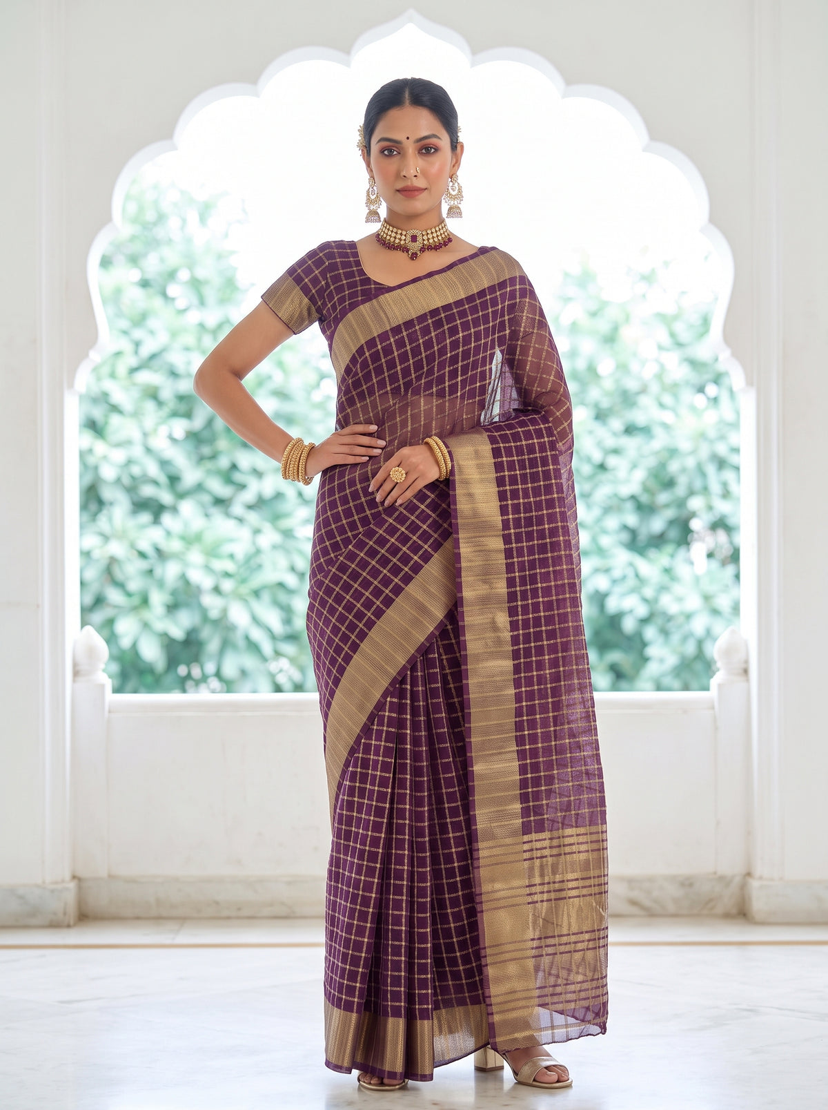 MIMOSA Jamun Banarasi Saree — pose 4 styling detail
