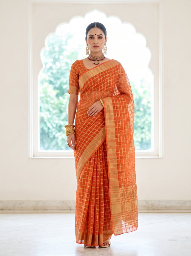 MIMOSA Peach Banarasi Saree — front view on mannequin