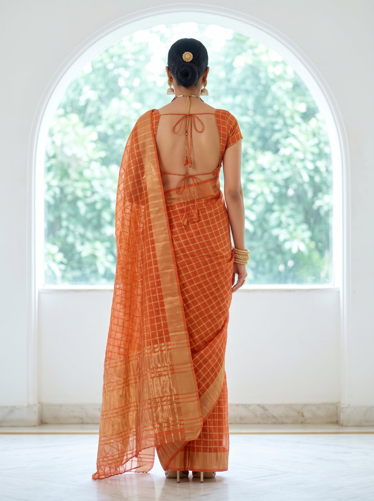 MIMOSA Peach Banarasi Saree — pose 2 styling detail