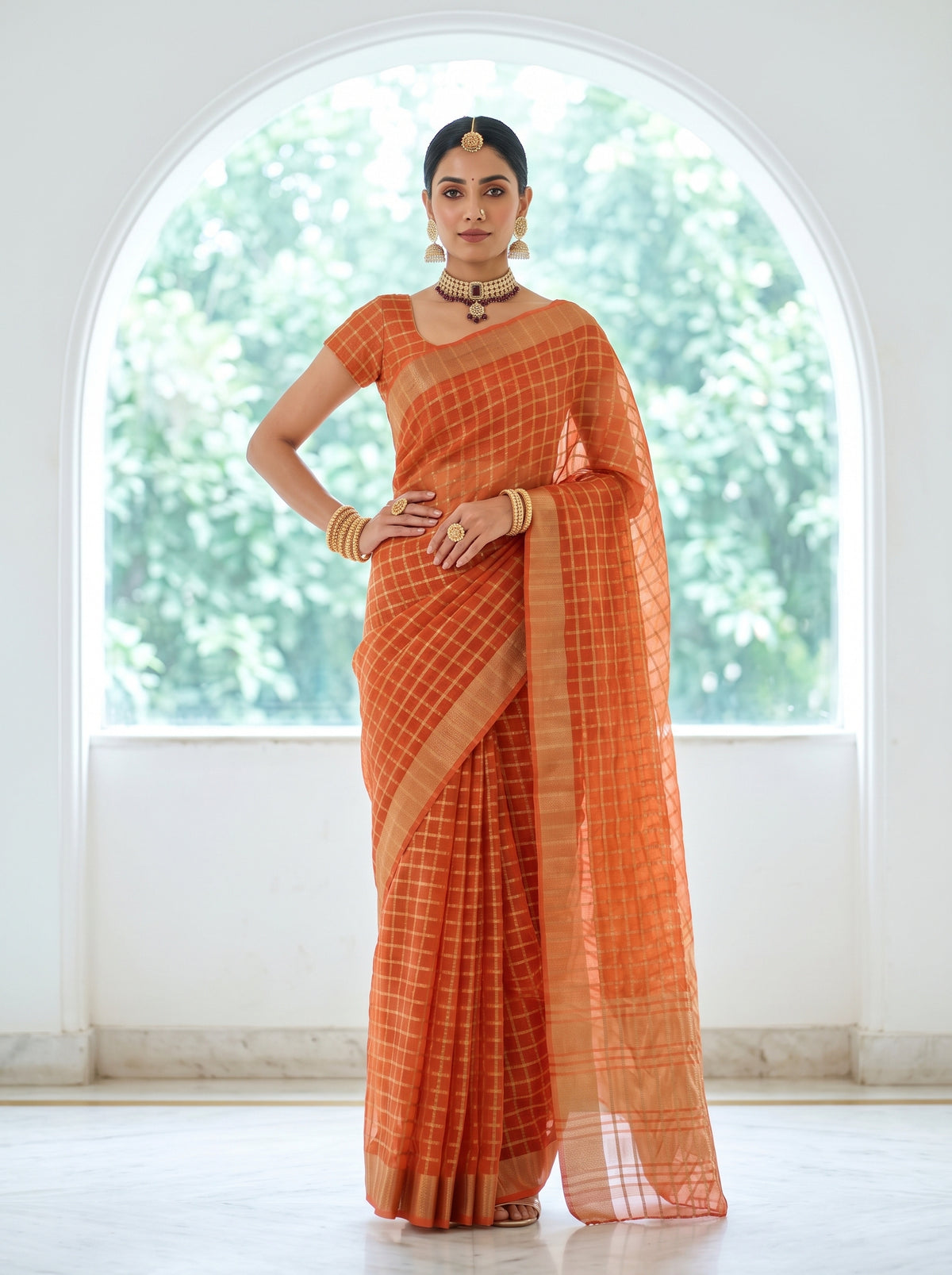 MIMOSA Peach Banarasi Saree — pose 4 styling detail