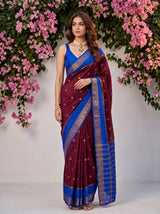 MIMOSA Wine Mysore Silk Crepe Saree — Model draped in saree