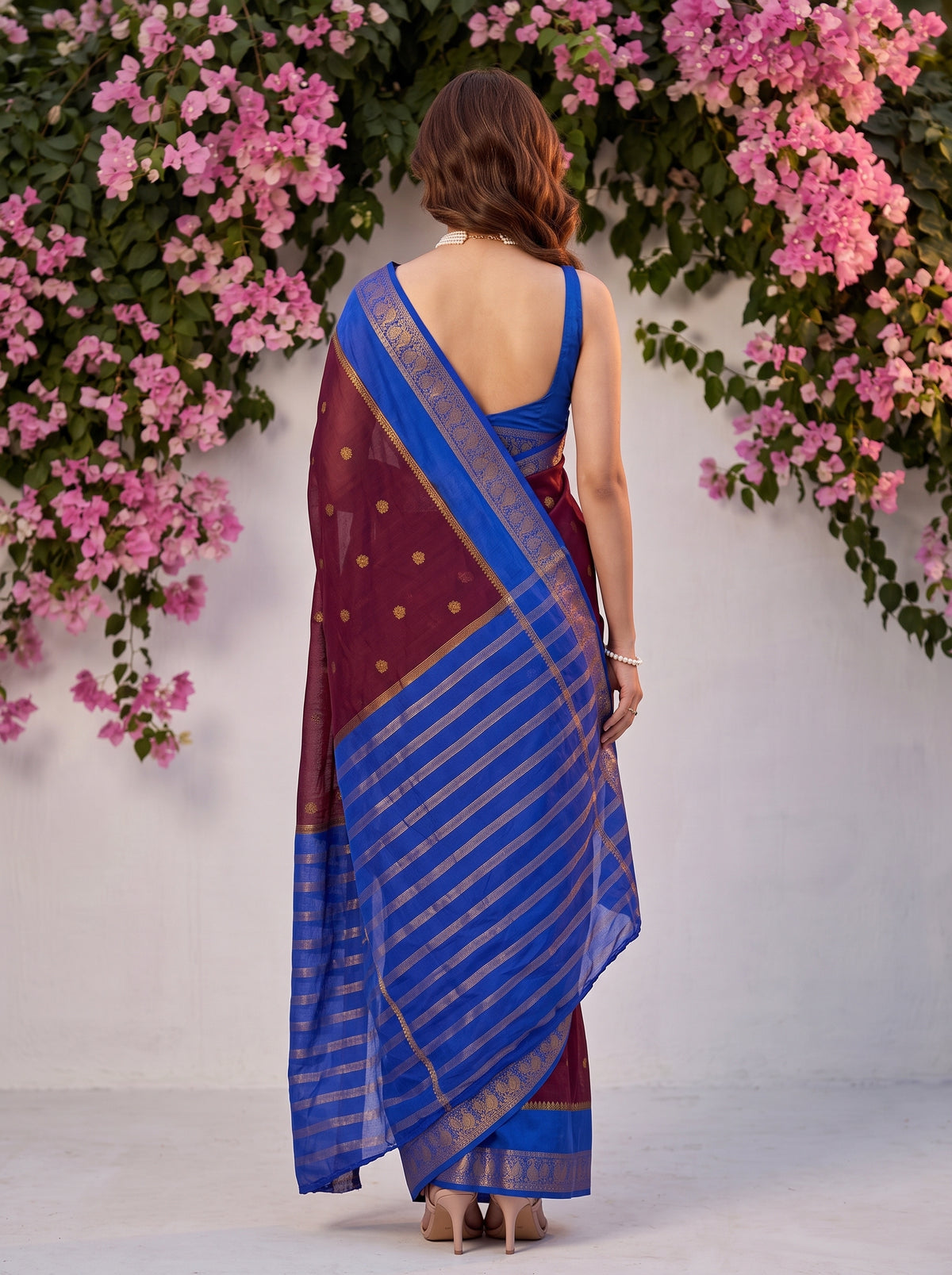 MIMOSA Wine Mysore Silk Crepe Saree — Saree shot of pallu and body