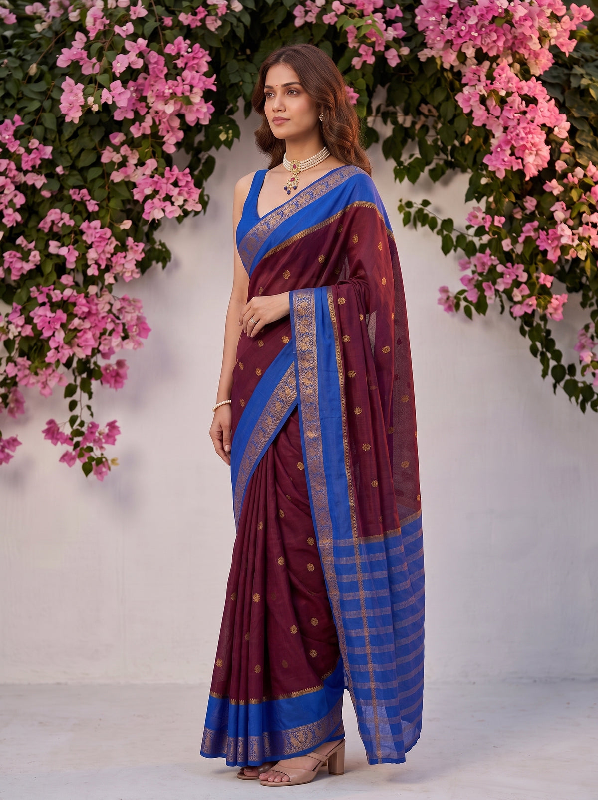 MIMOSA Wine Mysore Silk Crepe Saree — pose 3 styling detail