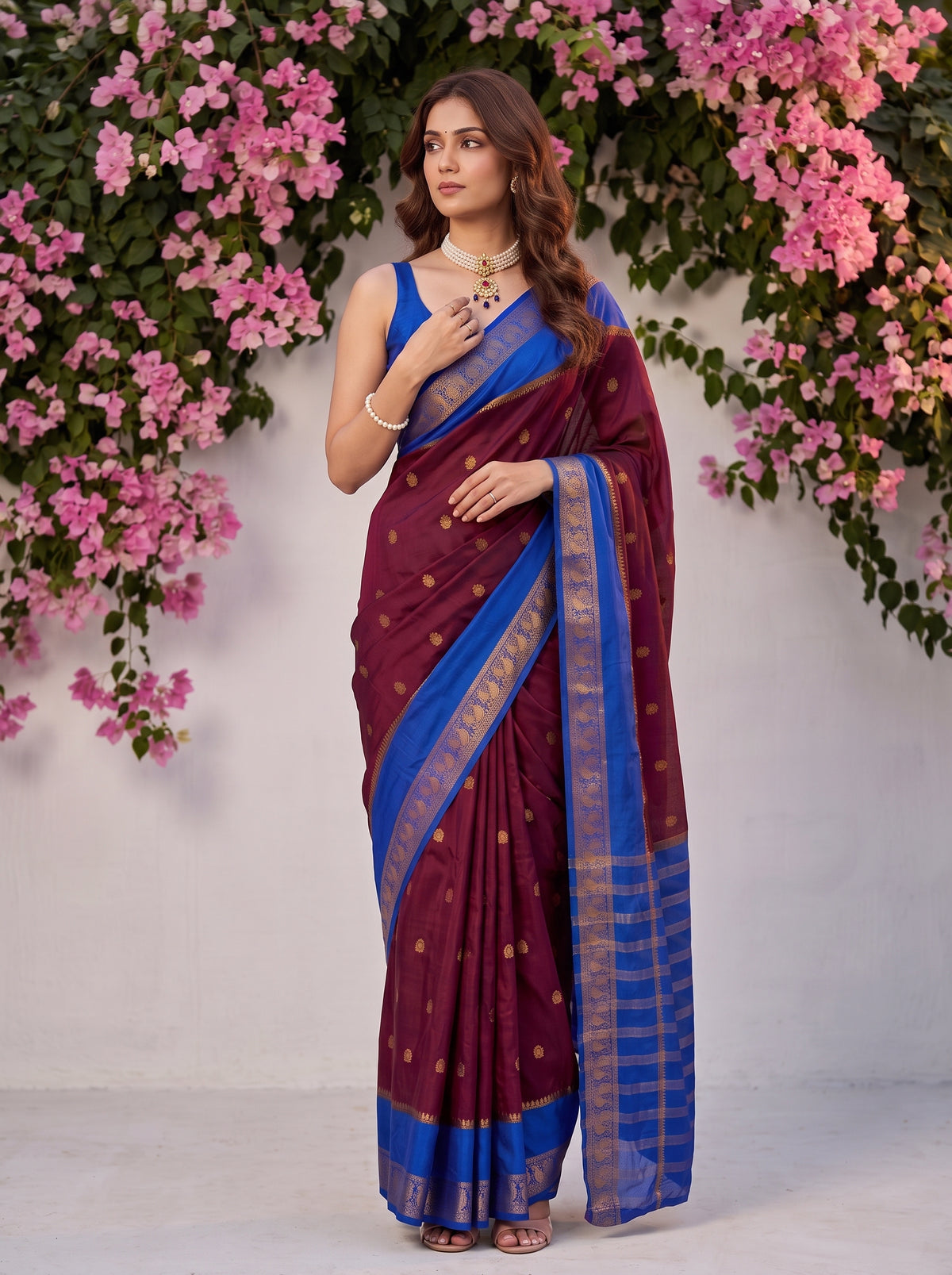 MIMOSA Wine Mysore Silk Crepe Saree — pose 5 styling detail