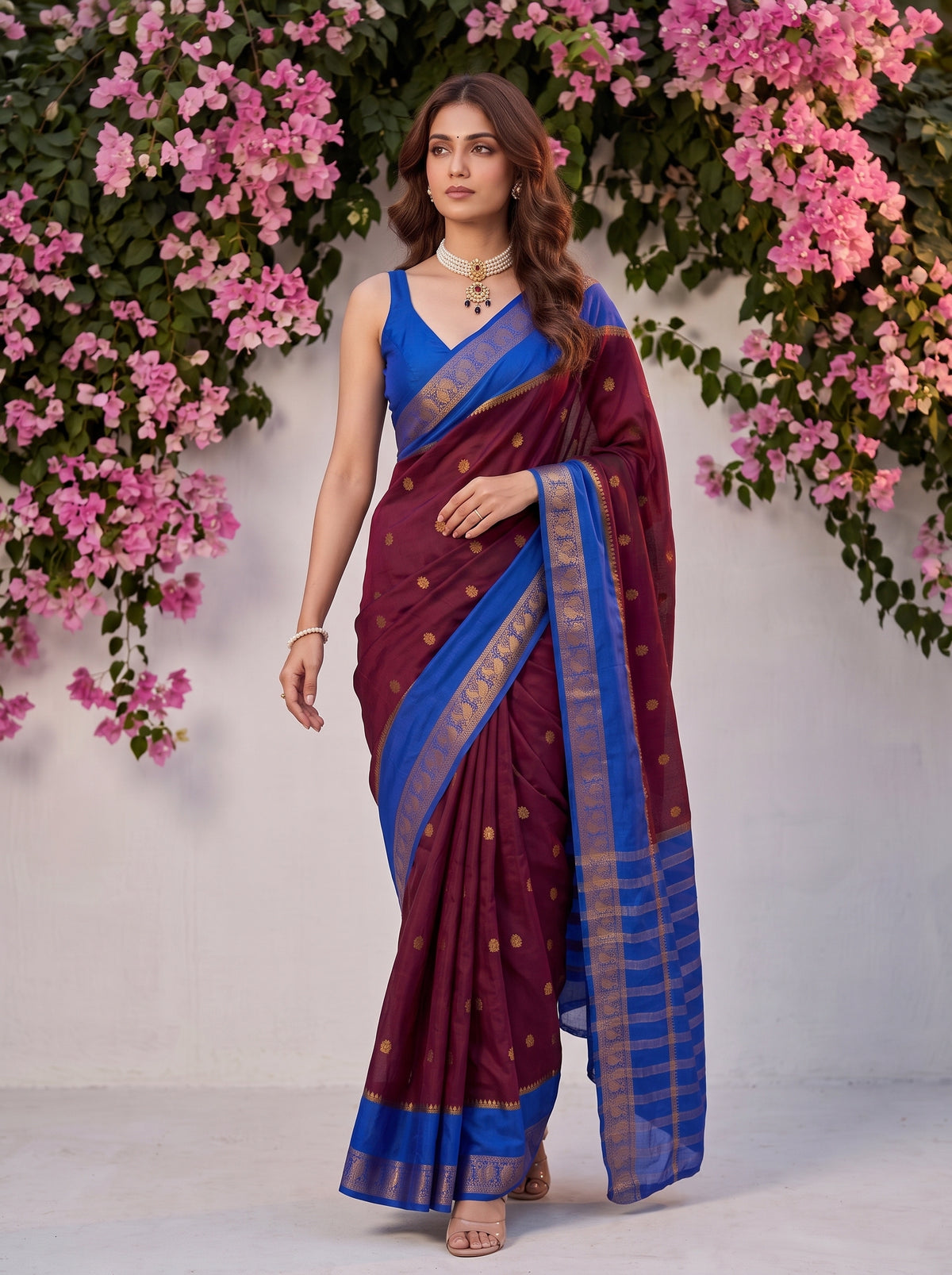 MIMOSA Wine Mysore Silk Crepe Saree — pose 6 styling detail