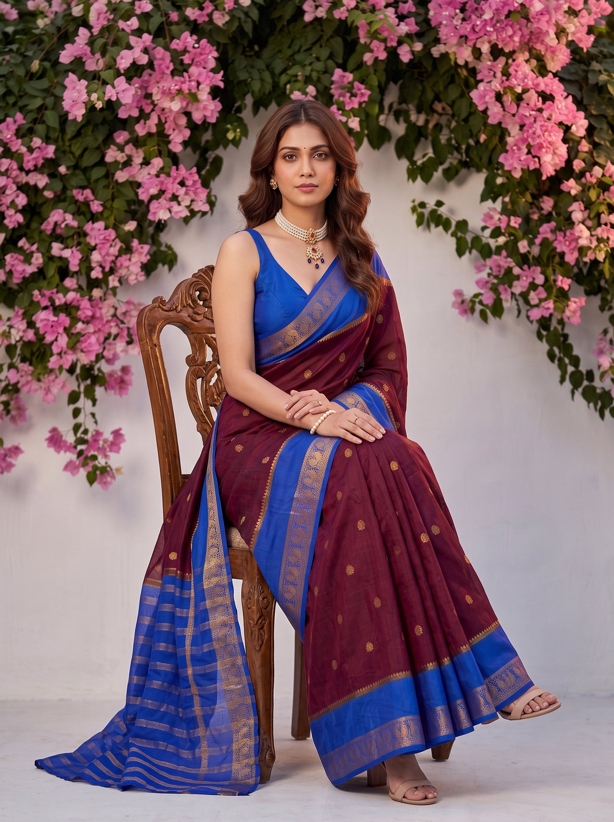 MIMOSA Wine Mysore Silk Crepe Saree — pose 8 styling detail