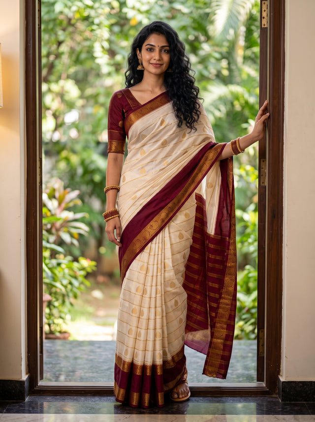 MIMOSA Half White Mysore Silk Saree — front view on mannequin