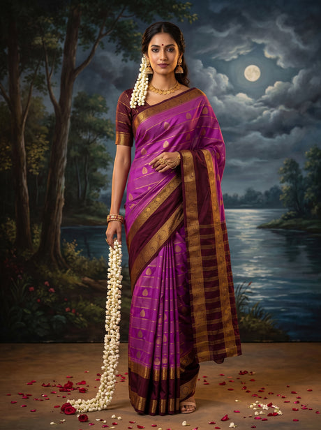 MIMOSA Lavender Mysore Silk Saree — front view on mannequin
