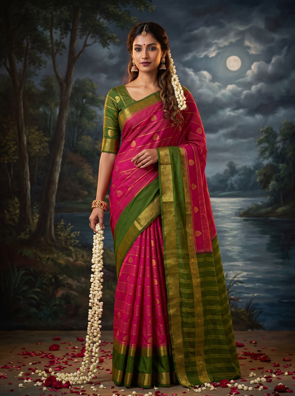 MIMOSA Rani Mysore Silk Saree — front view on mannequin