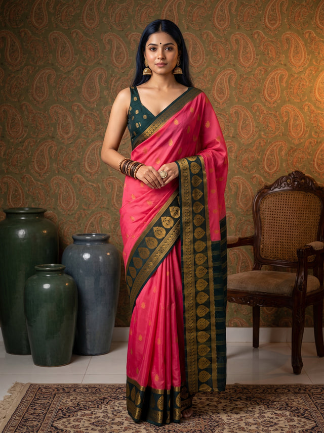 MIMOSA Gajari Mysore Silk Crepe Saree — Model lifestyle pose