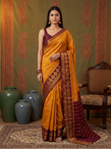 MIMOSA Mustard Mysore Silk Crepe Saree — Model lifestyle pose