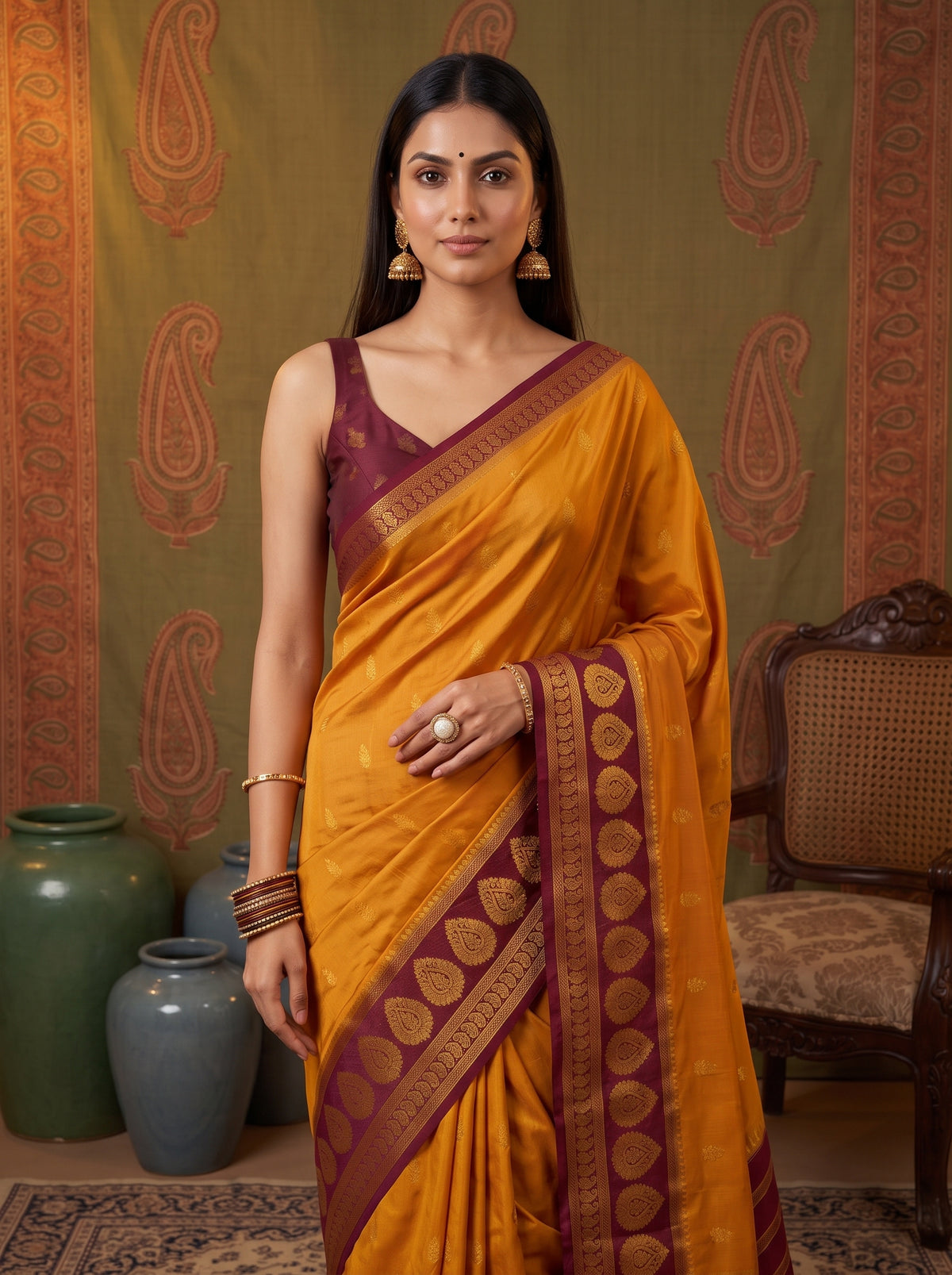 MIMOSA Mustard Mysore Silk Crepe Saree — pose 10 styling detail