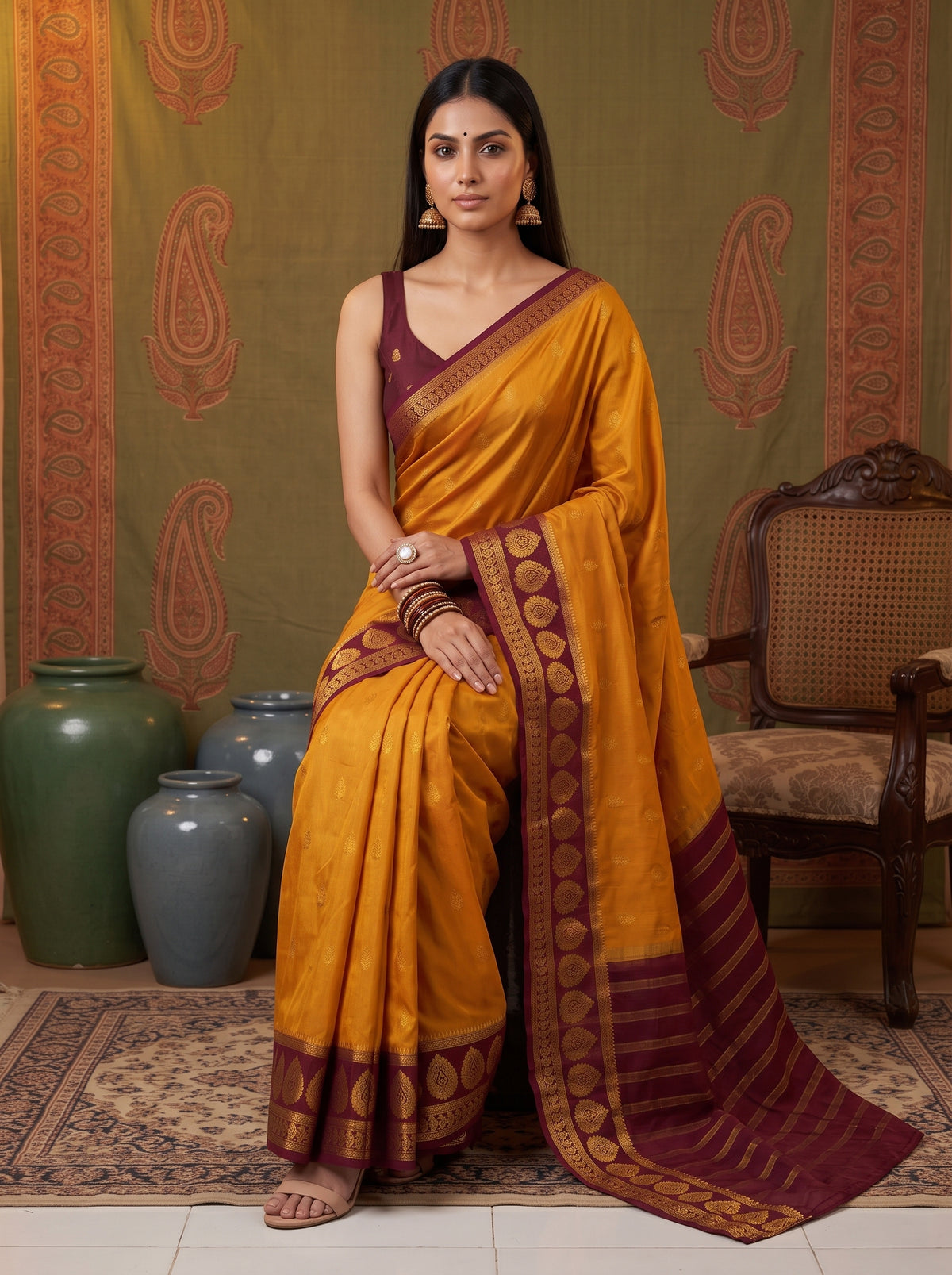 MIMOSA Mustard Mysore Silk Crepe Saree — pose 8 styling detail