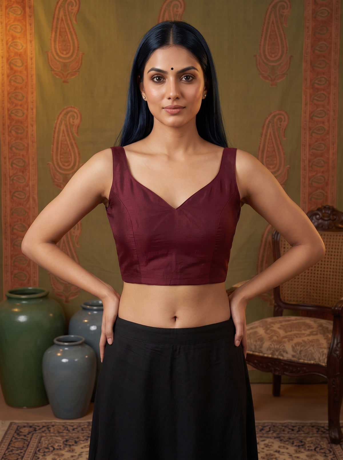 MIMOSA Mustard Mysore Silk Crepe Saree — blouse close-up