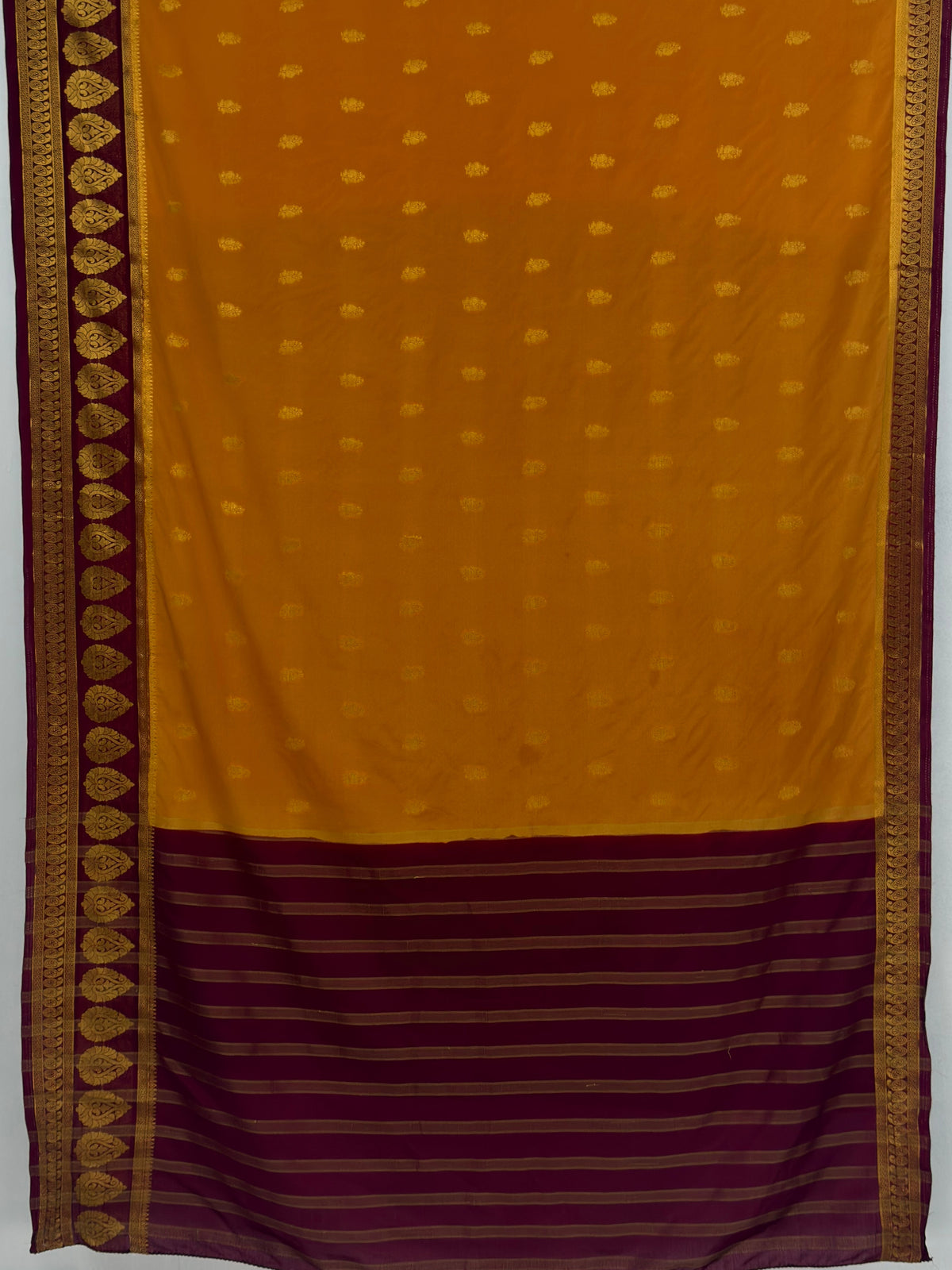 MIMOSA Mustard Mysore Silk Crepe Saree — pallu and zari work detail